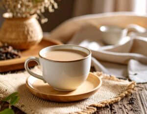 木のテーブルに置かれたアッサム紅茶のミルクティー。濃厚でコク深い味わいが特徴の紅茶